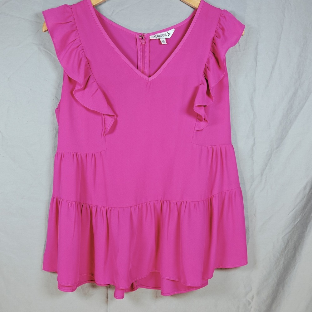 Nanette Lepore‎ Ruffle-Trim V-Neck Top Blouse Pink Medium Office Career